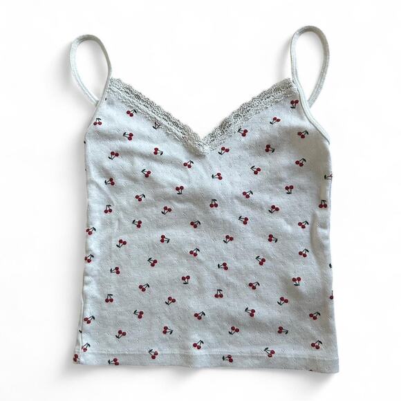 John Galt Cherry Nicolette Pointelle Lace Camisole Tank Top with Lace Trim - Picture 1 of 4